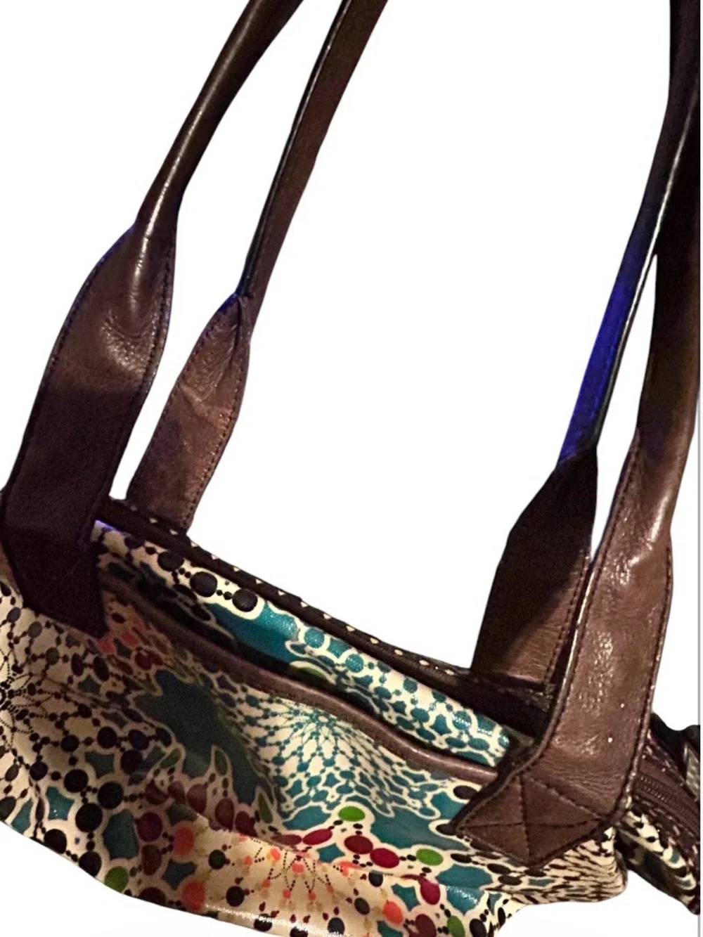 Fossil Teal Multicolor Floral-Print Hobo with Brown Handles